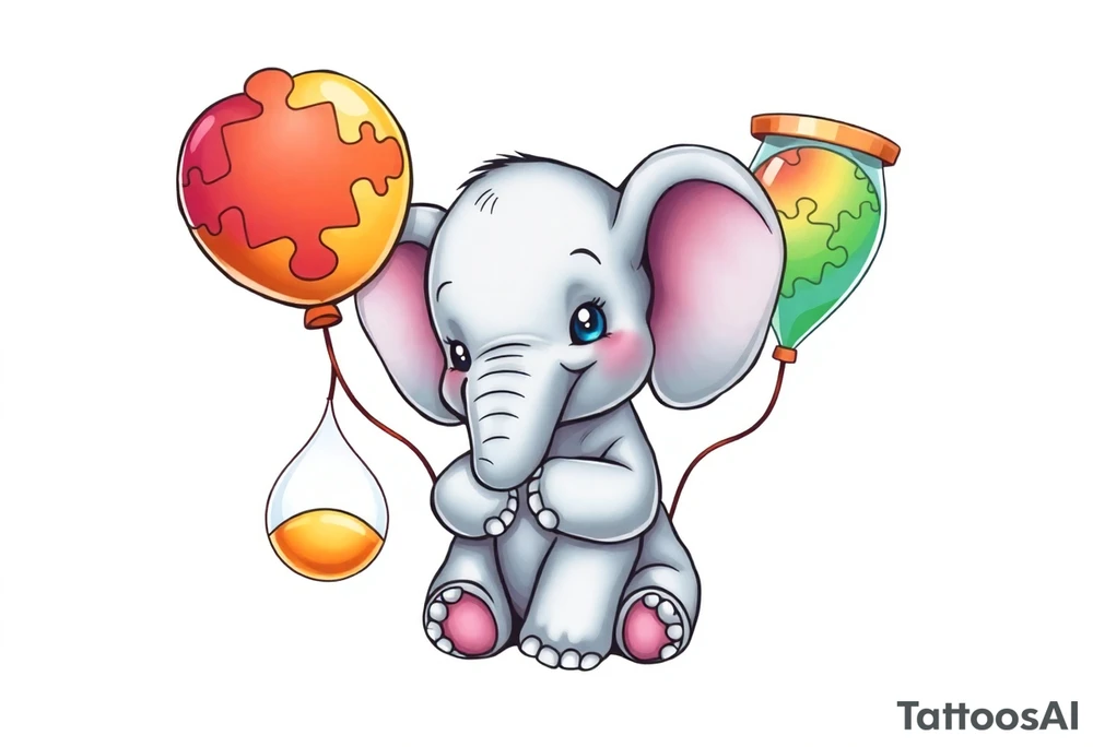Baby elephant sitting next to an hour glass; holding rainbow autism puzzle balloon tattoo idea