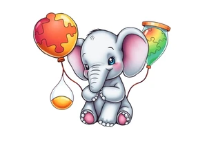 Baby elephant sitting next to an hour glass; holding rainbow autism puzzle balloon tattoo idea
