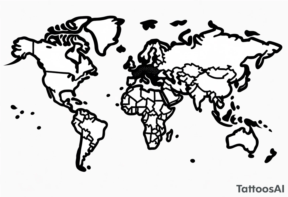 minimalist tattoo, using a single line to draw the extern contour of the world map with the 5 continents, white background tattoo idea