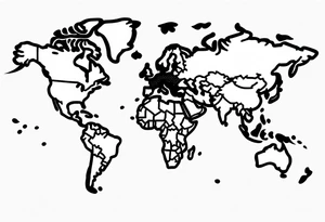 minimalist tattoo, using a single line to draw the extern contour of the world map with the 5 continents, white background tattoo idea