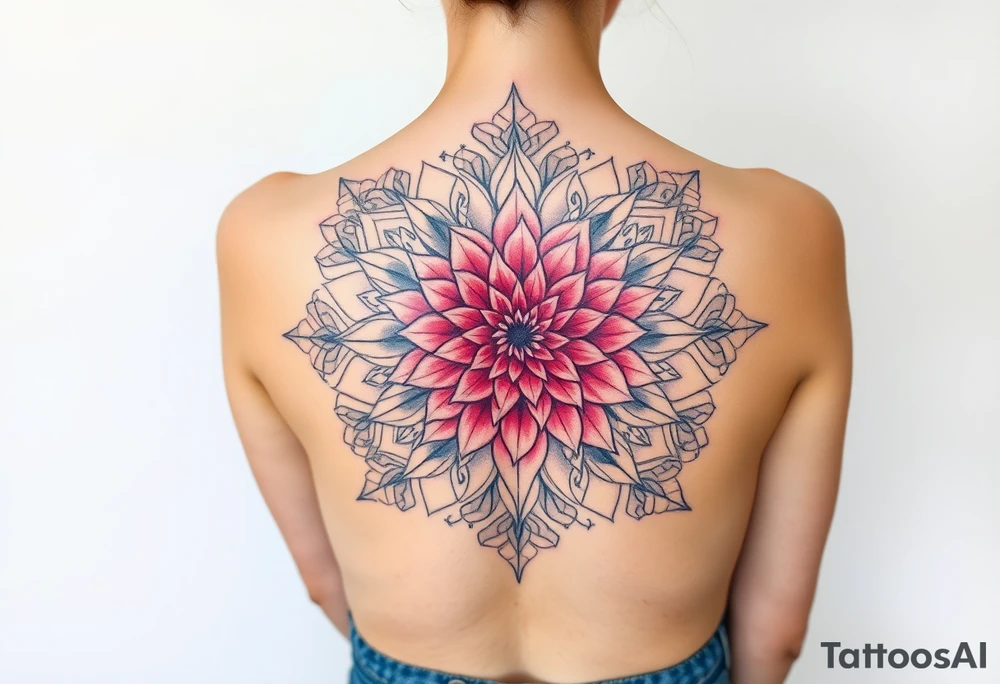 Long back mandala with a dahlia tattoo idea