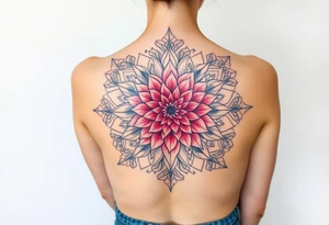 Long back mandala with a dahlia tattoo idea