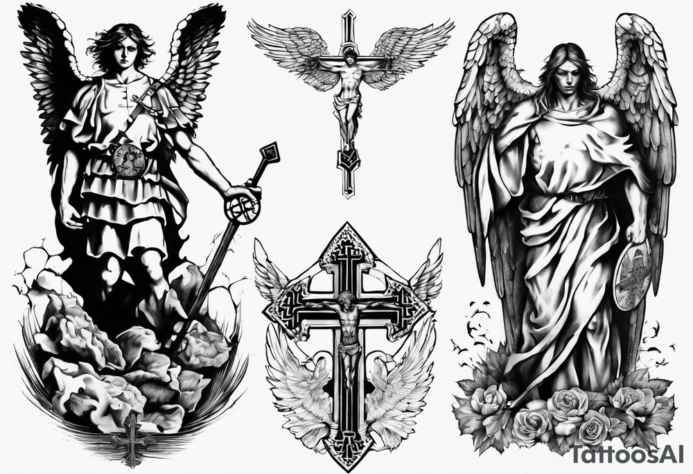 Heiliger St.Michael mit Kreuz in der Hand und ober ihm zwei weisse Tauben tattoo idea