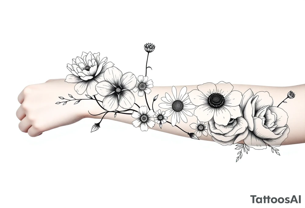 flower arrangment for arm, include two carnations, one violet, two daisies, one cosmos, and one peony tattoo idea