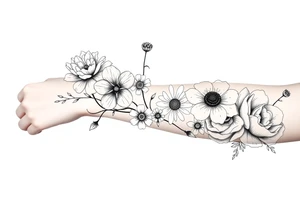 flower arrangment for arm, include two carnations, one violet, two daisies, one cosmos, and one peony tattoo idea