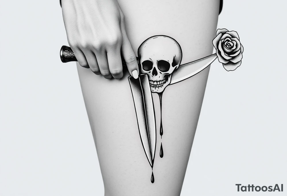 en el caos encontré mi forma favorita 
de amarte somos veneno y promesa.  Add around 

Woman’s hand reaching down grabbing blade handle, skeleton head on right under blade, rise on right under blade, blood dry from tip of blade, skeleton hand reaching for Blade tip. Just the hand and place above blade handle reaching for handle. Skull and rose underneath blade. Just the skeleton hand reaching for tip of knife which is dripping blood. tattoo idea