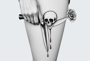 en el caos encontré mi forma favorita 
de amarte somos veneno y promesa.  Add around 

Woman’s hand reaching down grabbing blade handle, skeleton head on right under blade, rise on right under blade, blood dry from tip of blade, skeleton hand reaching for Blade tip. Just the hand and place above blade handle reaching for handle. Skull and rose underneath blade. Just the skeleton hand reaching for tip of knife which is dripping blood. tattoo idea