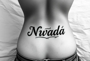 a woman's waist with the word "Nwada" written on her waist make her sit on the bed tattoo idea