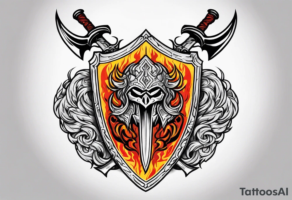 valhalla on fire battle 
sword shield axe tattoo idea