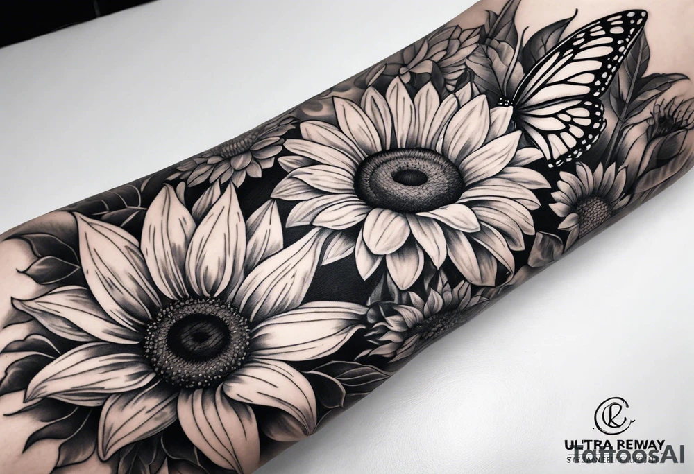 Leg sleeve with sunflowers and butterflies tattoo idea