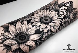 Leg sleeve with sunflowers and butterflies tattoo idea