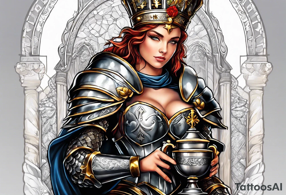 woman saint in armor with chalice tattoo idea