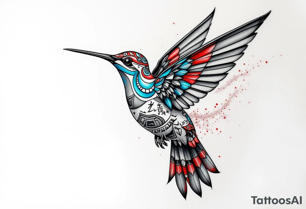 A hummingbird made of sand and hieroglyphs(only red, blue and black are possible colors) tattoo idea