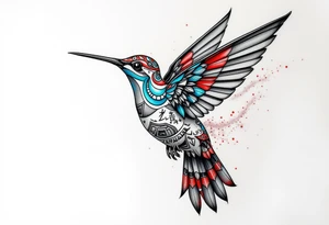 A hummingbird made of sand and hieroglyphs(only red, blue and black are possible colors) tattoo idea