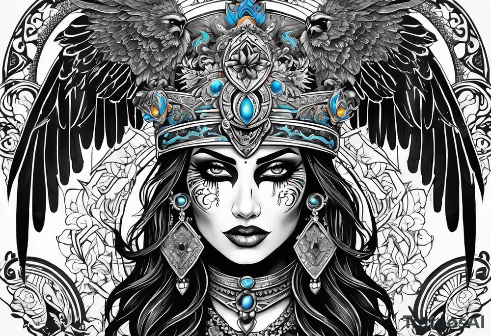 kali, goddess pirate, pachamama, valkrye, warrior, skull, lotus azul, wing, eagle, zenza resonance tattoo idea