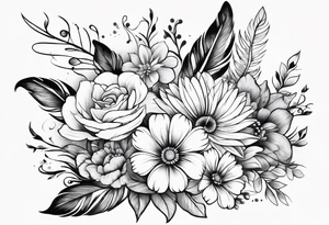 Dainty feather lined upwards with flowers tattoo idea