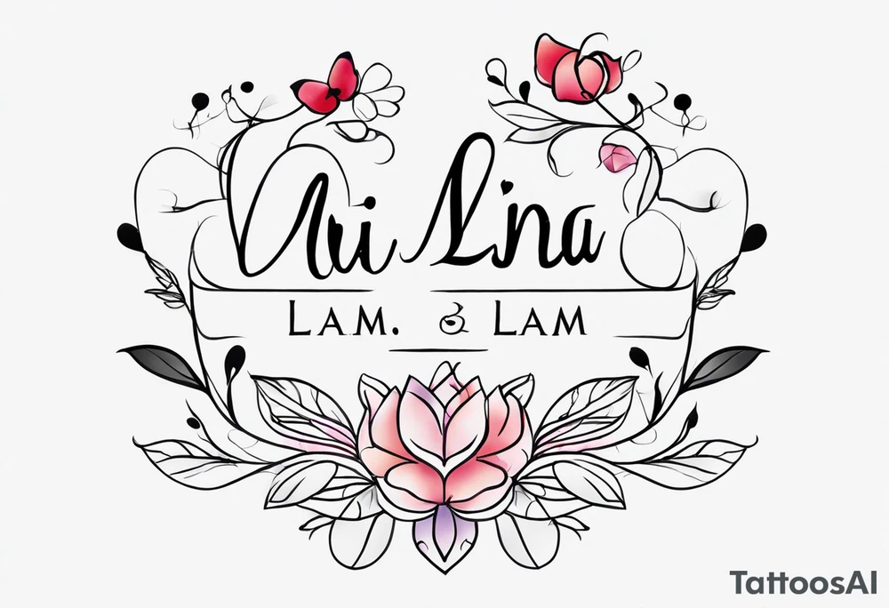 Draw a discrete and simple tatoo which represents my 2 kids whose names are Mila and Liam, with colors and very fine lines tattoo idea