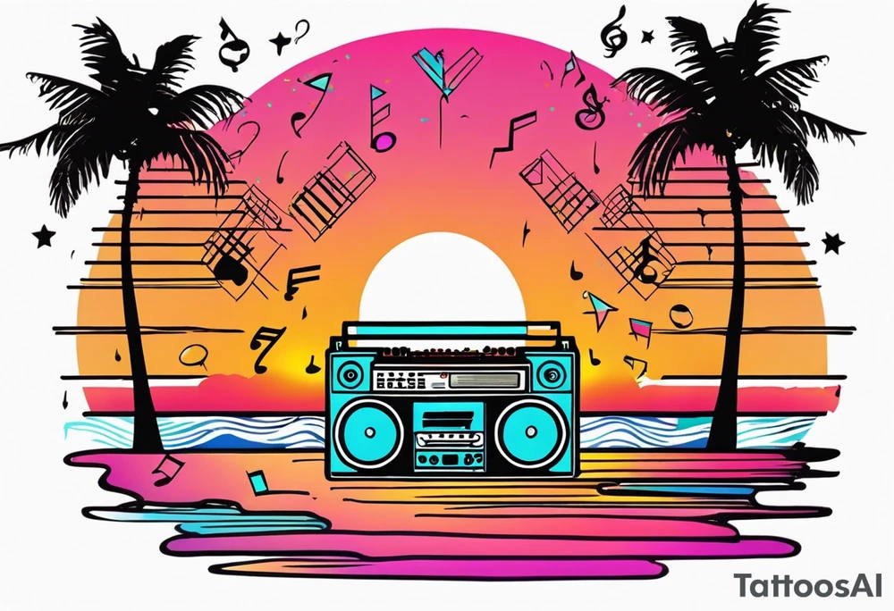 1980's miami vice style beach dance 
party, include confetti, music notes, boom box, bikinis sunset in the center tattoo idea