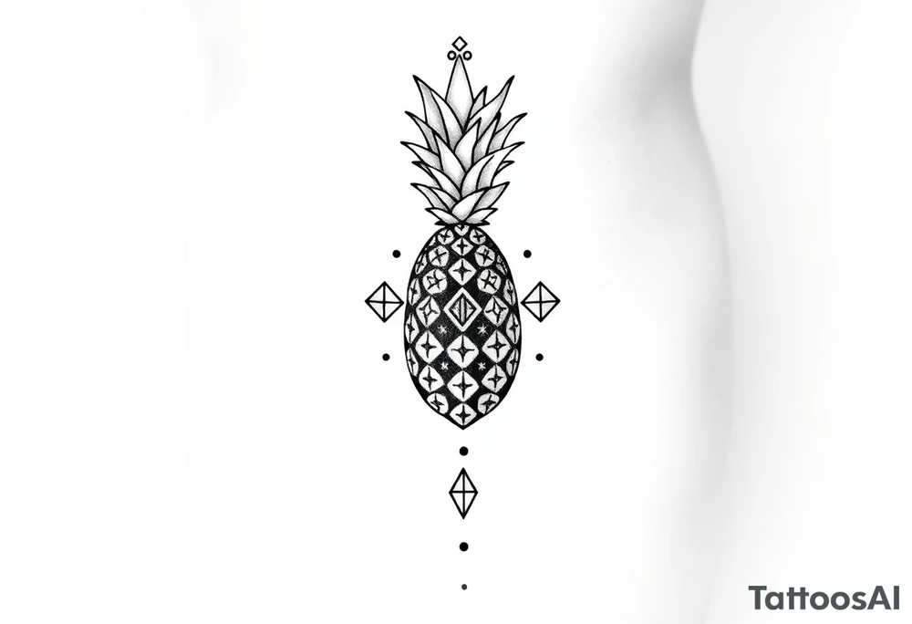 Design around a vagina and anus using a  pineapple with diamonds  and magestic, crown, vagina, anus, pubic tattoo idea