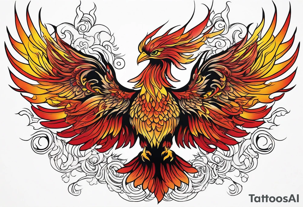 Phoenix rising up from the ashes, in the shades of red and yellow tattoo idea