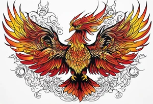 Phoenix rising up from the ashes, in the shades of red and yellow tattoo idea