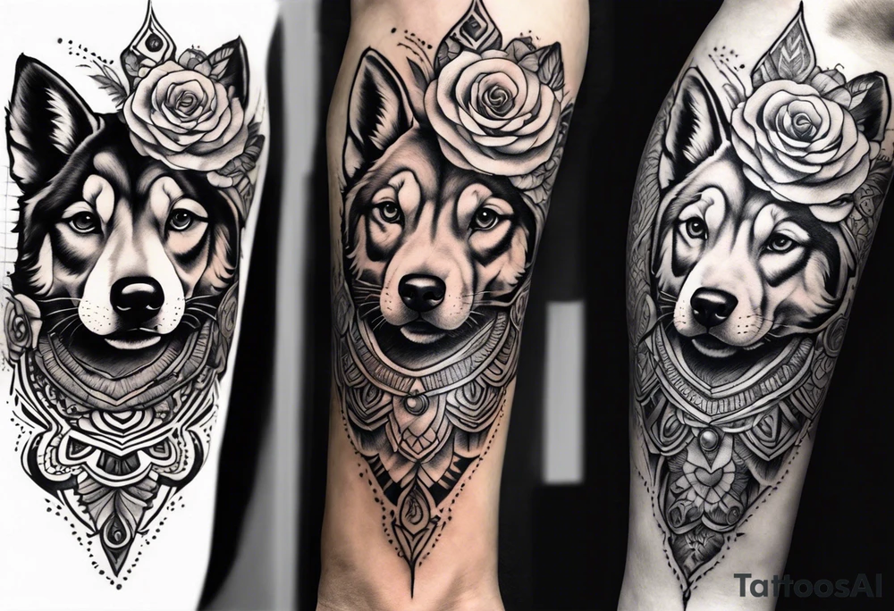 Quero uma manga com um relógio  de bolso, 3 rosas, as patas  de um cão  e tudo com um fundo em tribal tattoo idea