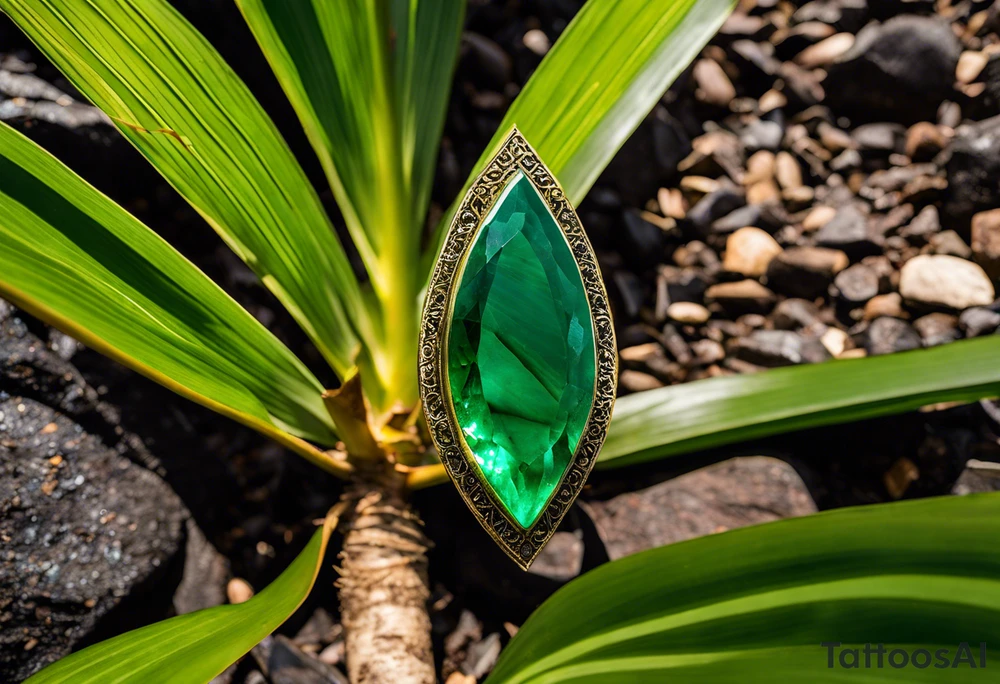 A striking Gachala emerald sits at the base of a tall quindio wax palm, which grows resiliently from cracks in rugged, rocky soil. The emerald is the main focal point, symbolizing strength and endurance, while the wax palm, rooted in the soil’s crevices, represents growth and resilience. A small water stream flows gently from the rocks, adding an element of life and nourishment. tattoo idea