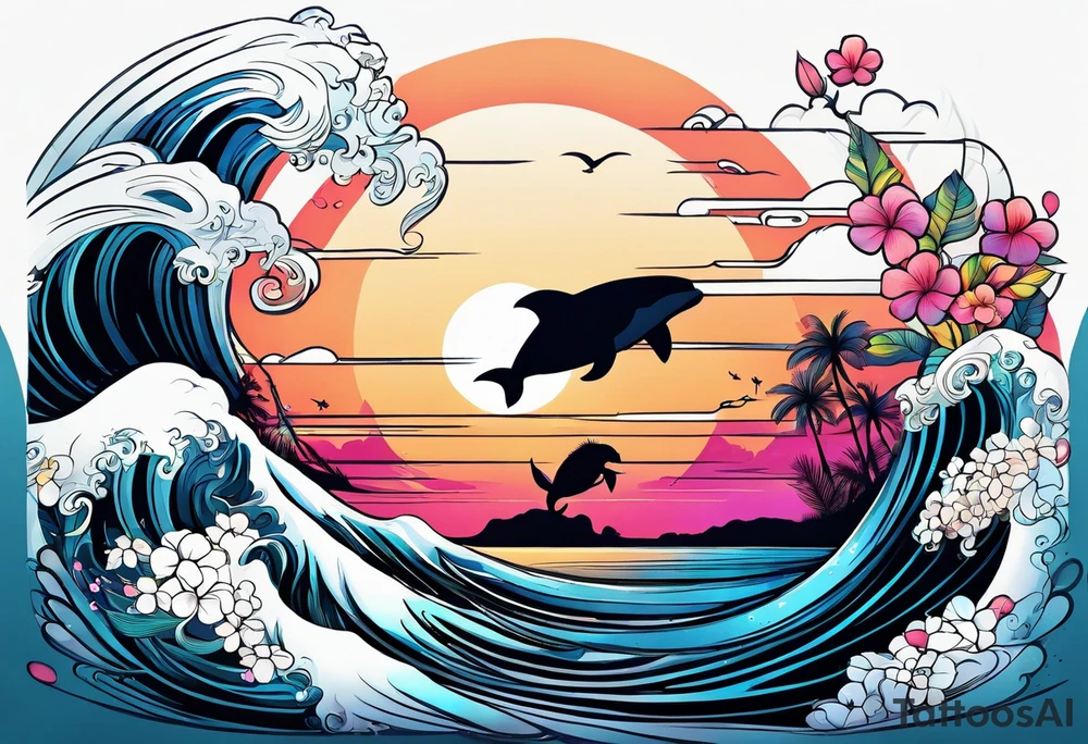 sea,, night, flower, palm, animal tattoo idea