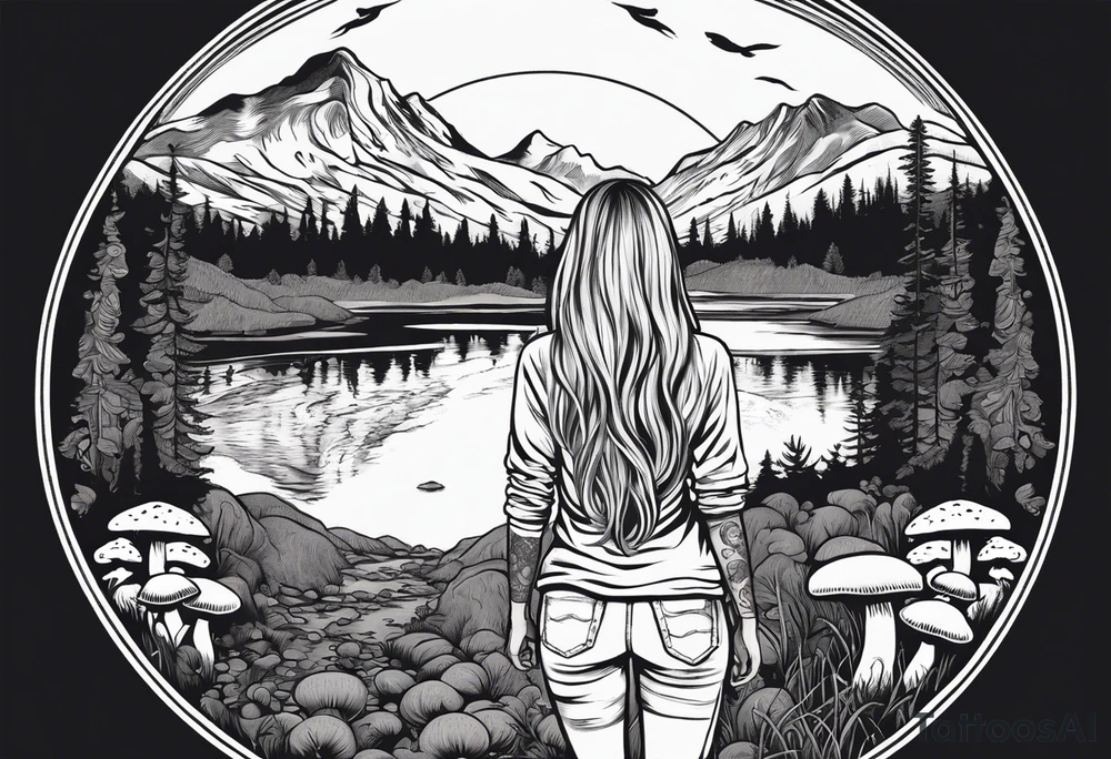Whole picture encircled fully

Straight long blonde hair hippie girl in distance holding mushrooms in hand facing away toward mountains and creek surrounded by mushrooms tee shirt and hiking pants; whole rendering within a full circle, no cut off circle tattoo idea