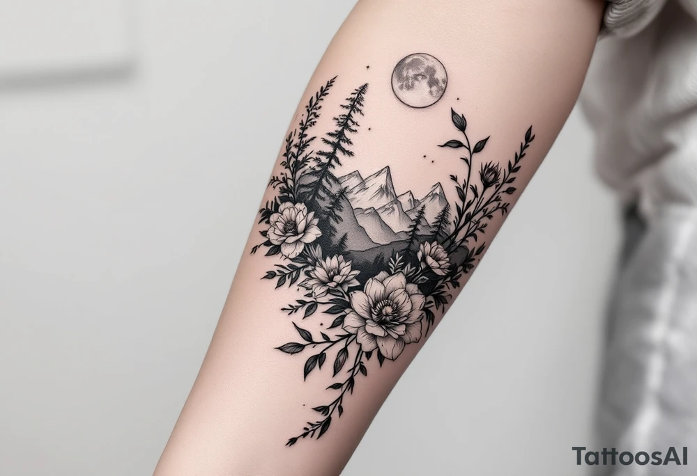 Rose vine and wild flowers, moon forest 
mountains and wrap around half sleeve tattoo idea