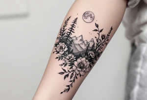 Rose vine and wild flowers, moon forest 
mountains and wrap around half sleeve tattoo idea