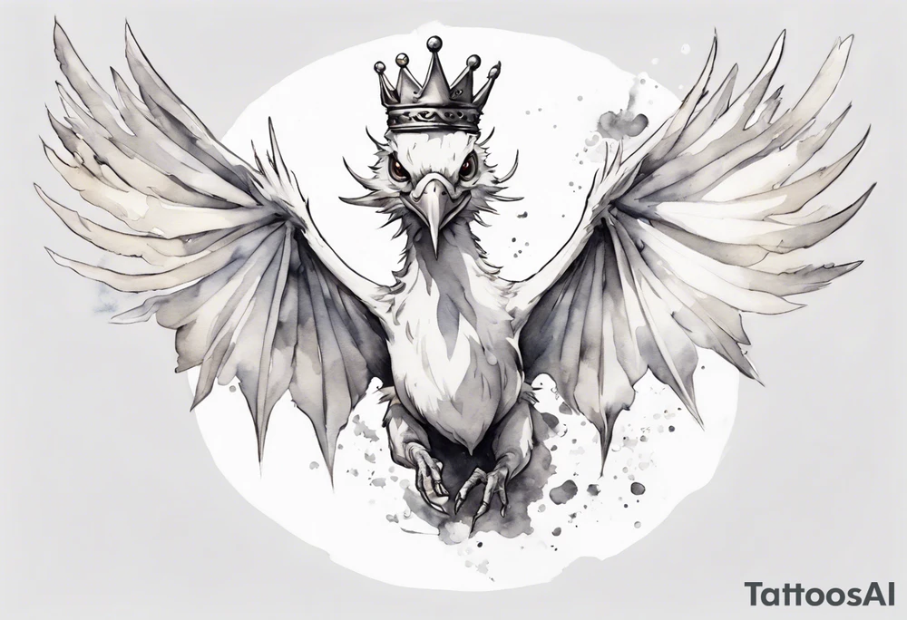 a white bird-wyrm hybrid, wearing a pewter crown on its head, flying in the air tattoo idea