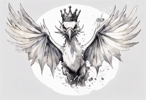 a white bird-wyrm hybrid, wearing a pewter crown on its head, flying in the air tattoo idea