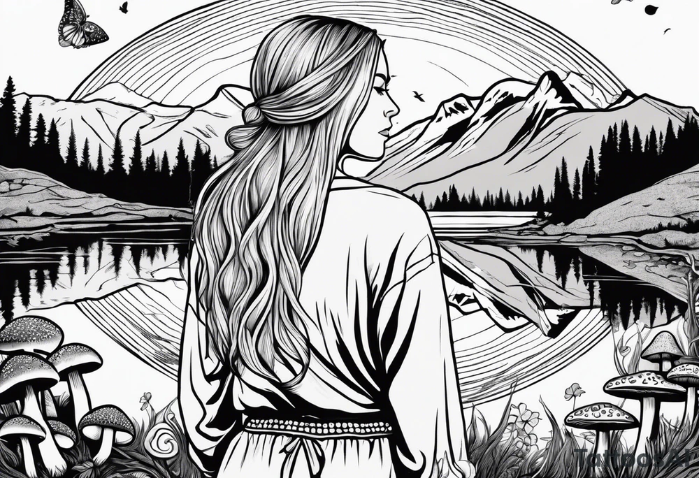 Whole picture encircled fully

Straight long blonde hair hippie girl in distance holding mushrooms in hand facing away toward mountains and creek surrounded by mushrooms long sleeve shirt and hiking pants; whole rendering within a full circle, no cut off circle tattoo idea