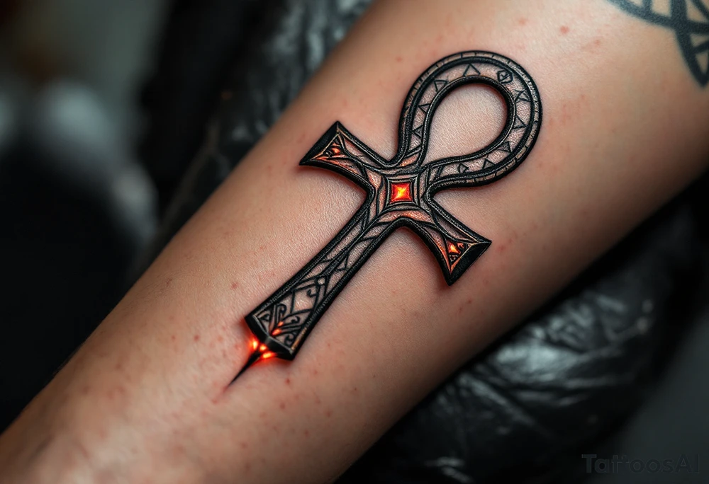 A black and silver Ankh, intricately etched with warrior motifs and a subtle red glow around the edges, wrapping around the forearm. tattoo idea