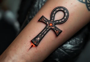 A black and silver Ankh, intricately etched with warrior motifs and a subtle red glow around the edges, wrapping around the forearm. tattoo idea