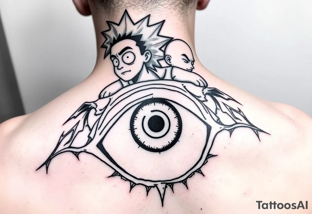 Boondocks Riley Freeman and Huey Freeman on top. in the middle itachi sharingan with one eye having Rick and Morty walking out of it, tattoo idea
