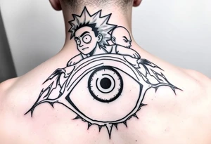 Boondocks Riley Freeman and Huey Freeman on top. in the middle itachi sharingan with one eye having Rick and Morty walking out of it, tattoo idea