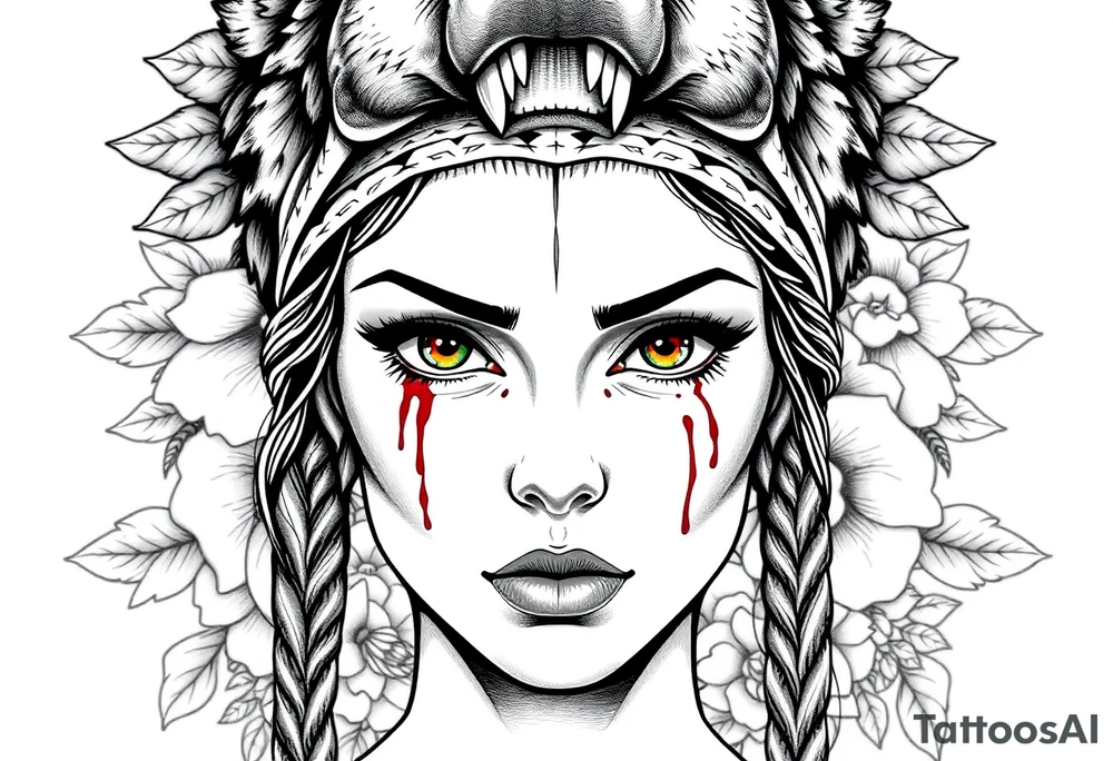 Young Symmetrical Beautiful Woman, looking forward, with colored eyes, shedding a tear, with battle scars and blood on face, with soft look, wearing a mean looking bear headdress on head, with flower background tattoo idea