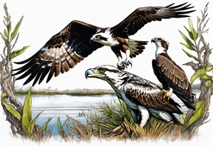 Osprey and alligator in the marsh live oak tattoo idea