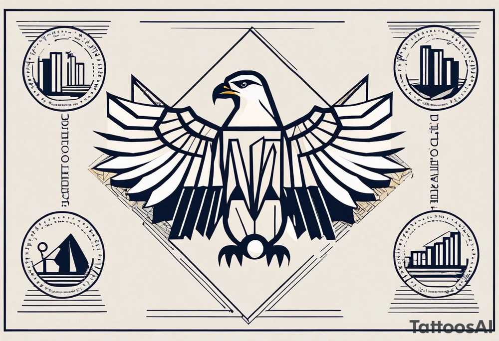 Words: Courage, determination, patience, focus, resilience. Image: Geometric eagle face, bull and bear faces divided by the financial market dump and pump. Graphics, symbols of intelligence interconnected with books and studies that represent the search for knowledge as a person guided by humanity and human philosophy. Image for the right arm and right forearm. Use geometric shapes and lines to connect images. all imagens unity tattoo idea