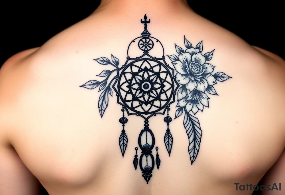 Boho dream catcher with gothic compass and hourglass. Beautiful flowers and an ornamental chandelier like look tattoo idea