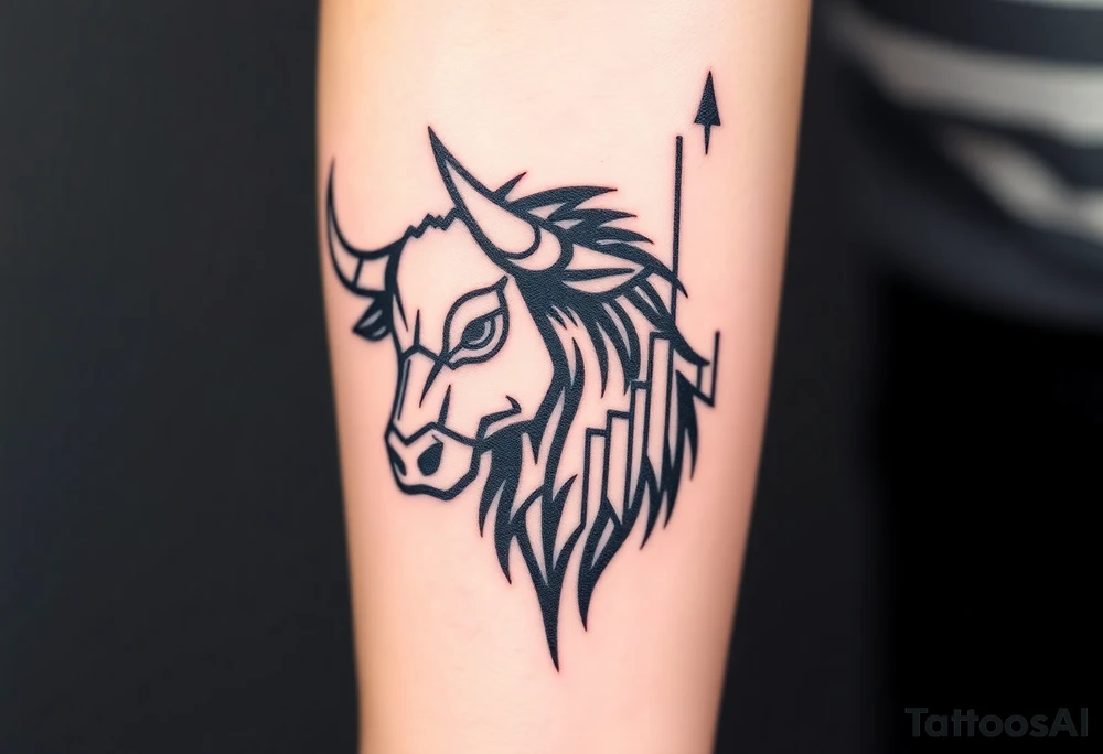 Create a minimalist black line tattoo of a bull’s head that transitions into an upward-trending candlestick stock chart. The design should have clean, fluid lines and combine the bull’s face and horns on the left, with the candlestick chart rising to the right, forming the shape of the bull’s jaw/neck. Keep the style simple and elegant, suitable for a forearm or upper arm tattoo.” tattoo idea