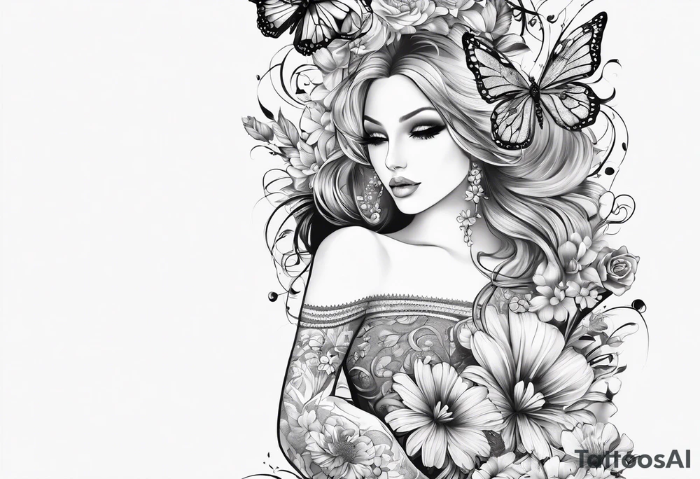 lace feminine full arm sleeve
with butterflies and flowers tattoo idea