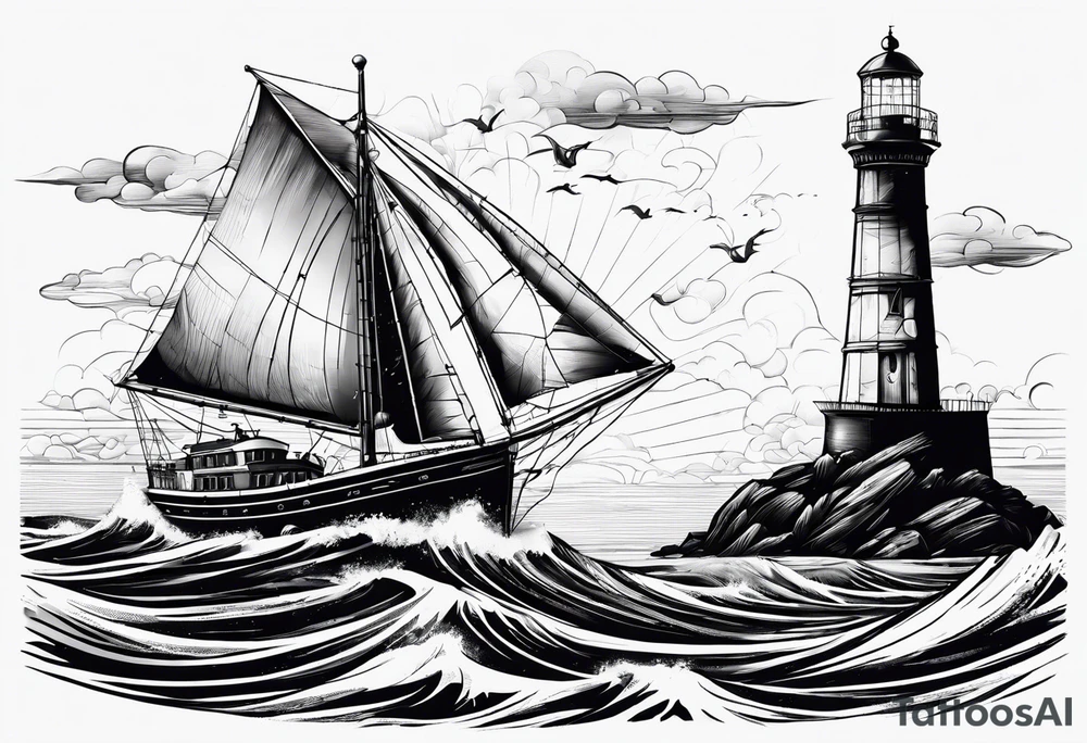 phare maritime sur un petit bateau a voiles. tattoo idea