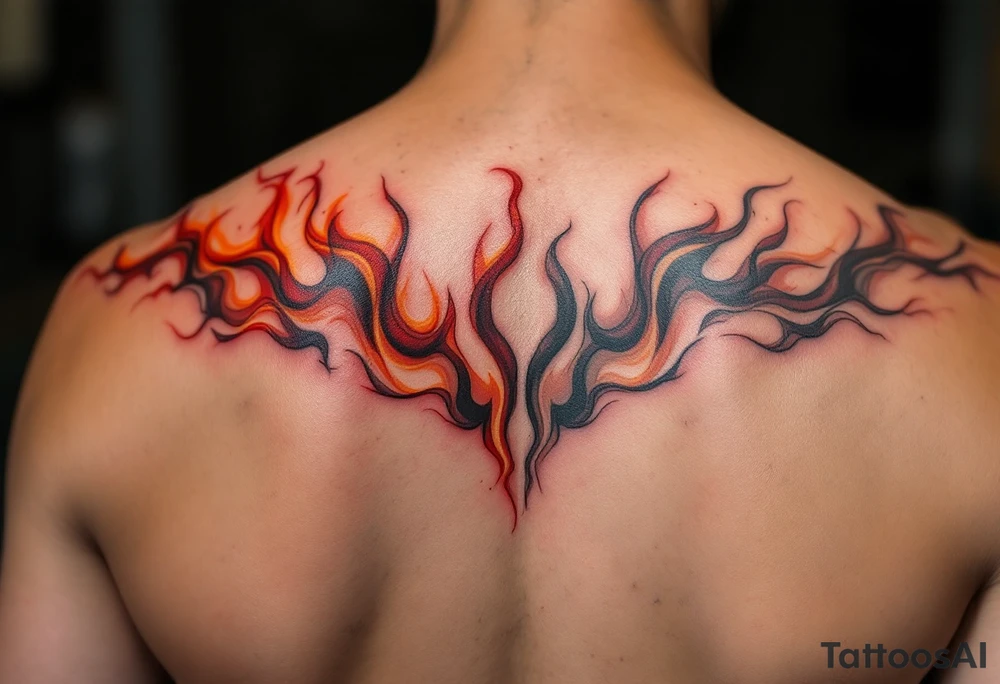 Matching red and orange flame tattoos on one partners shoulder and on second partner shoulder tattoo idea