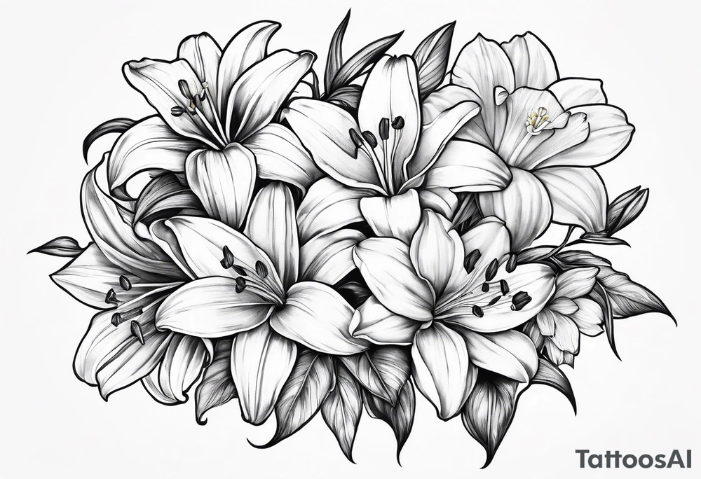 bouquet of flowers containing one lily, one daisy, one daffodil, and one narcissus. fine line with the stems in a bouquet tied by a bow. tattoo idea