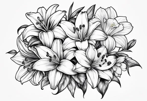 bouquet of flowers containing one lily, one daisy, one daffodil, and one narcissus. fine line with the stems in a bouquet tied by a bow. tattoo idea