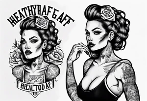 Strong tattooed woman with the words healthyAF underneath her in old school font tattoo idea