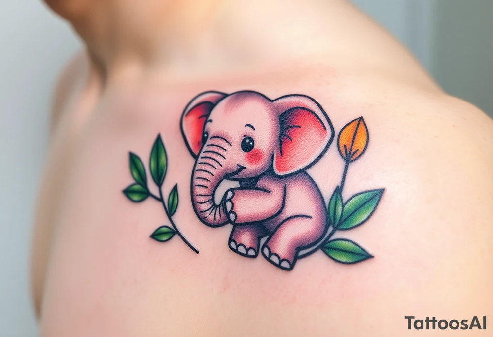 A baby elephant holding its parent’s trunk, surrounded by soft green leaves and warm earth tones, symbolizing guidance and protection tattoo idea